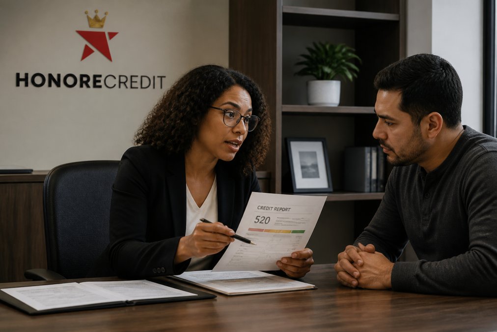 Professional financial advisor reviewing credit report documents with a client at a desk, both looking focused and engaged in conversation in a modern office setting