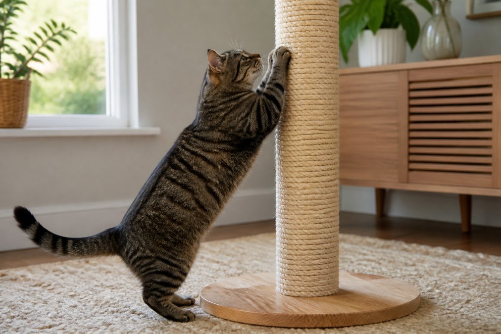 A tabby cat actively using a tall sisal rope scratching post with natural wood base, demonstrating engaged scratching behavior in a bright home setting with natural window light