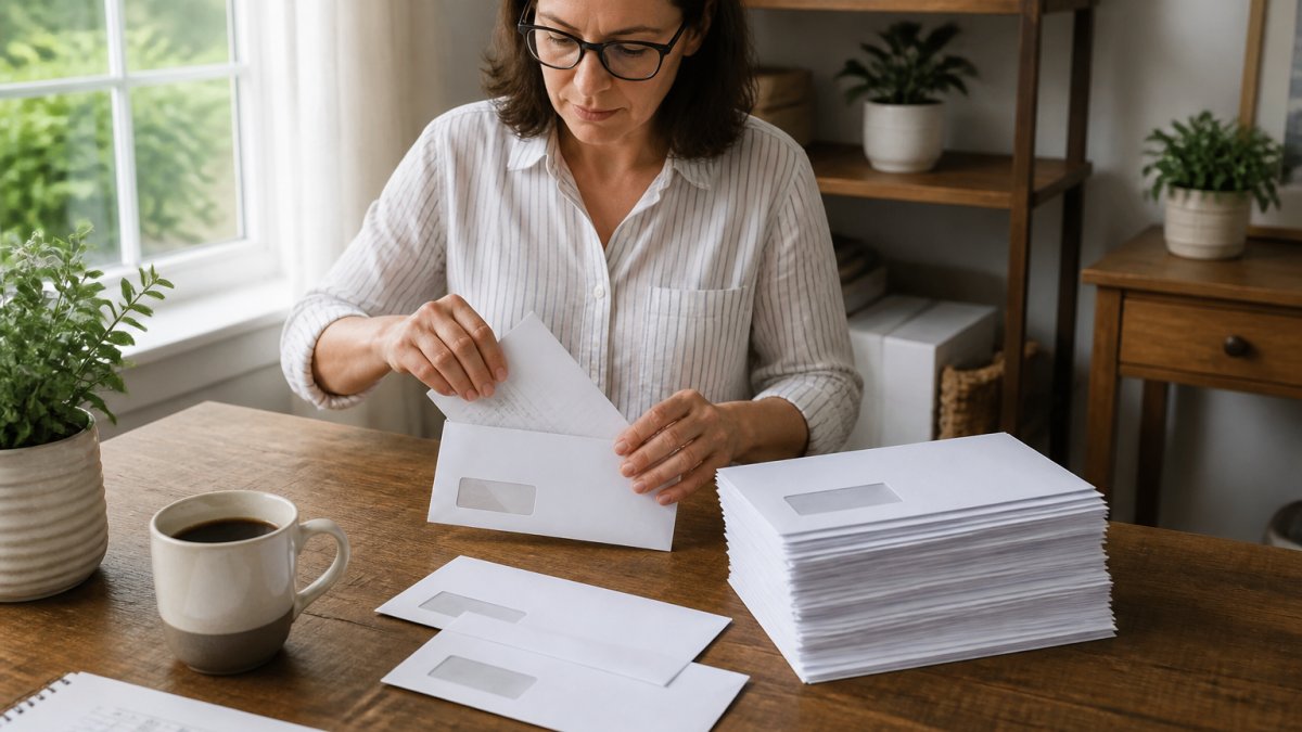 Small business owner stuffing printed invoices into envelopes at a desk in a bright home office