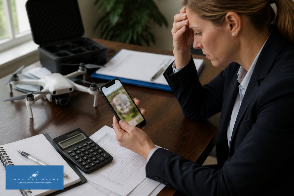 A real estate agent in business attire looking at a smartphone showing a blurry, tilted aerial photo of a suburban house, with a consumer drone sitting on the table beside her and natural window light illuminating the scene