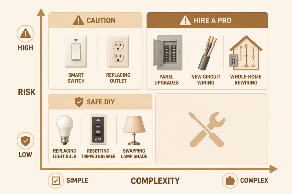 A 2x2 decision matrix plotting electrical tasks by risk level on the vertical axis (low to high) and complexity on the horizontal axis (simple to complex). The "Safe DIY" quadrant shows replacing a light bulb, resetting a tripped breaker, and swapping a lamp shade. The "Caution" quadrant shows installing a smart switch and replacing an outlet. The "Hire a Pro" quadrant shows panel upgrades, new circuit wiring, and whole-home rewiring.