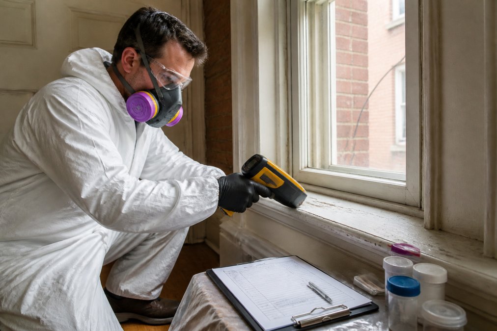 Certified lead inspector using an XRF analyzer on a windowsill, a professional alternative to DIY lead test kits.