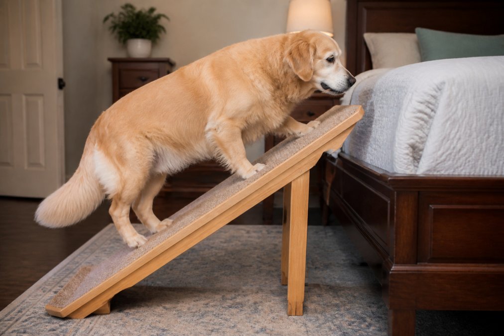 A senior golden retriever slowly walking up a carpeted wooden dog ramp placed against a tall bed in a cozy bedroom, with a soft non-slip surface visible
