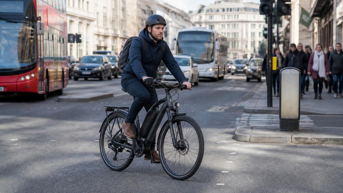 Commuter riding an electric bike through a busy city street during rush hour with traffic and pedestrians