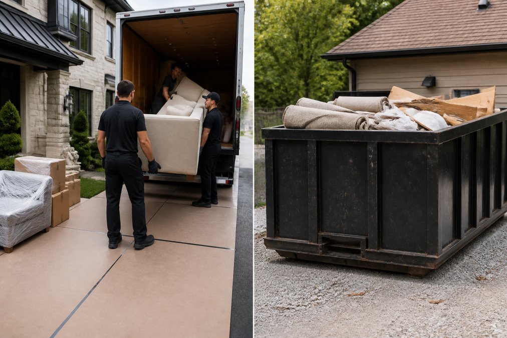 Professional crew loading furniture and boxes into a removal truck outside a residential home, with floor protection visible on driveway and organized workflow