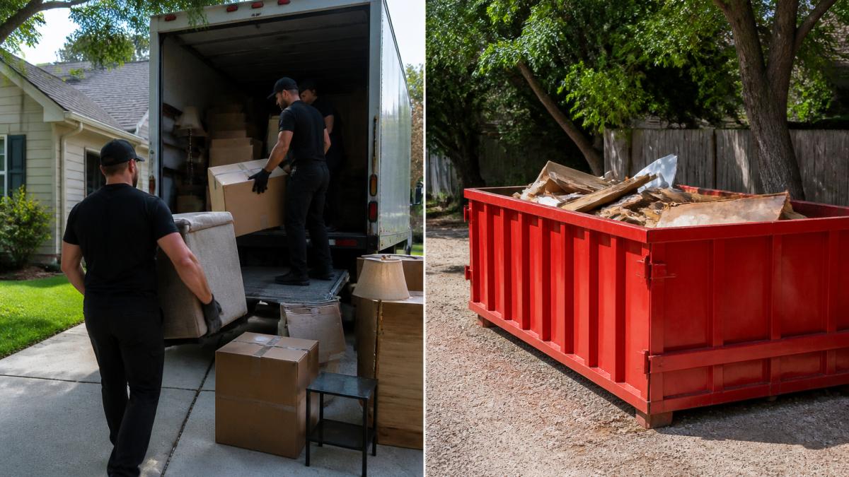 Professional junk removal crew loading household items, old furniture, and cardboard boxes into a large truck at a residential driveway on a sunny afternoon