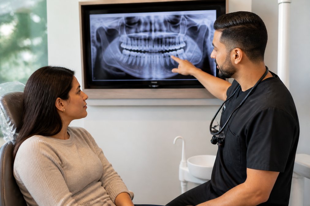 A dentist in a modern clinic explaining a dental X-ray on a monitor to a calm, seated patient, showing a non-surgical treatment plan