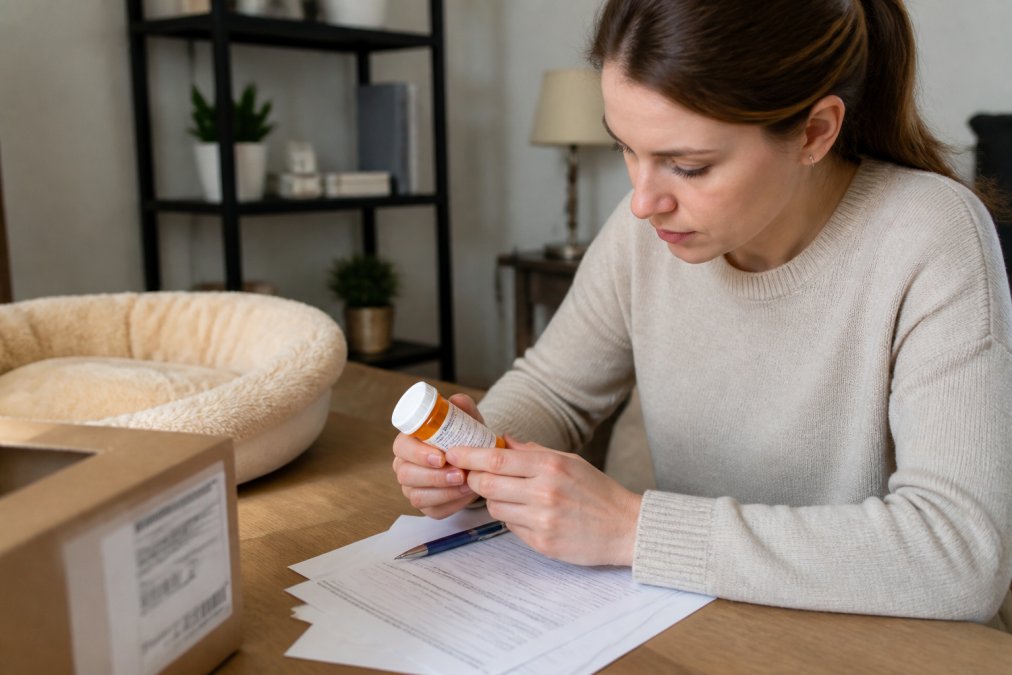 Pet owner reviewing prescription medication label and documentation at home desk with veterinary prescription paperwork visible