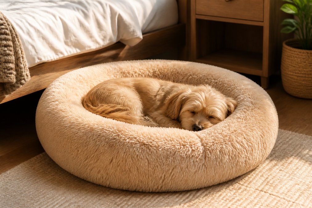 Small dog peacefully sleeping on a plush, cushioned pet bed in a sunlit bedroom corner, demonstrating comfort and contentment