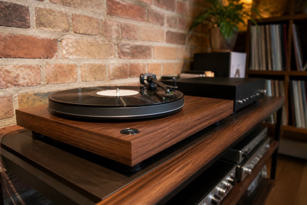 High-fidelity belt-driven turntable on a rack, a step up from entry level turntables in a cozy listening room
