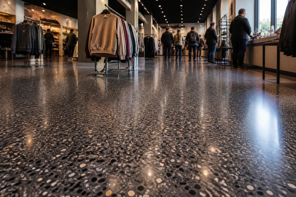 A modern retail showroom with a polished terrazzo floor featuring dark aggregate and metallic flakes, customers browsing merchandise in the background, bright overhead lighting reflecting off the seamless glossy surface