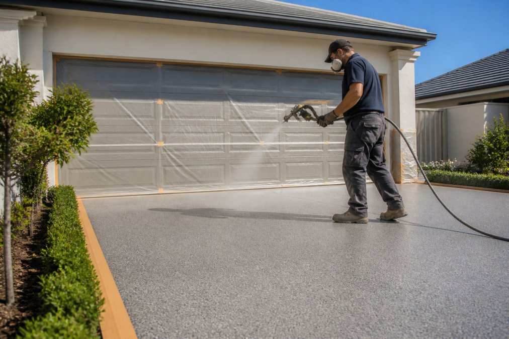 Technician applying spray-on concrete as one of the best alternatives to epoxy for residential driveways