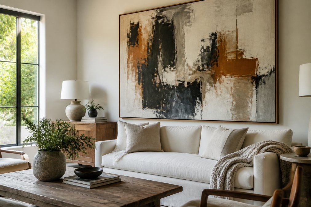 A bright modern living room with a large-scale original abstract painting as the focal point above a neutral sofa, natural light streaming through nearby windows