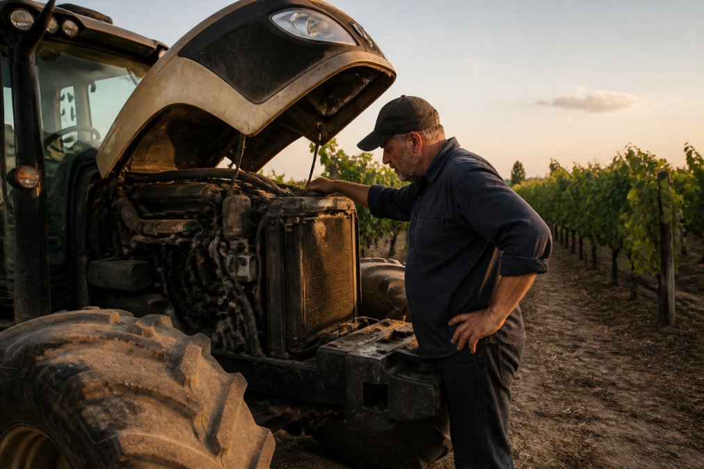 A farmer in a dusty paddock inspecting a large tractor engine with the bonnet open, golden hour light, rows of grapevines in the background