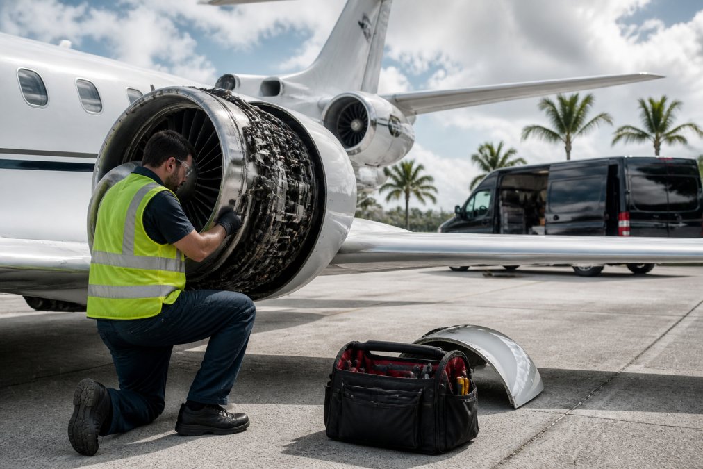 Aircraft maintenance technician in safety gear working on a business jet engine on the tarmac at a South Florida airfield, with a mobile service van parked nearby and palm trees visible in the background