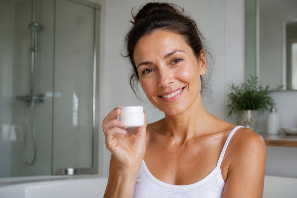 A woman in her 40s with healthy, glowing skin smiling in a sunlit bathroom, holding a simple white moisturizer jar without fancy packaging