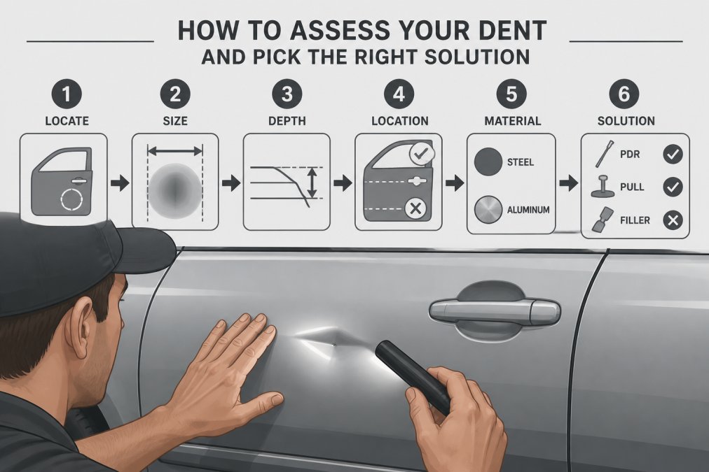 Infographic flowchart showing how to assess dent damage as part of alternatives to expensive auto body shop dent repair