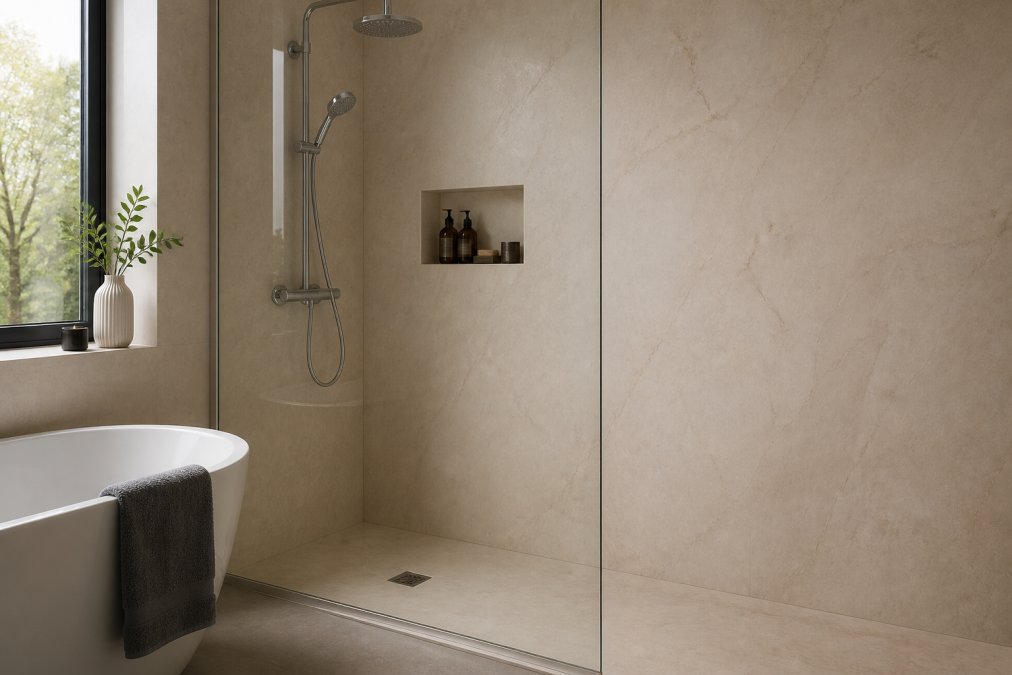 A bright, modern bathroom featuring large-format beige marble wall panels, a walk-in shower with chrome fixtures, and a clean, grout-free finish under soft natural light