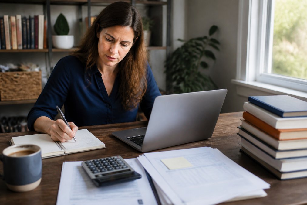 Author focused on a laptop at a home office desk, managing DIY book publicity tasks with coffee and books nearby.