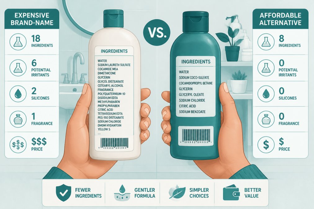 Close-up of a person's hands holding two personal care product bottles side by side in a bright bathroom, comparing the ingredient labels on the back