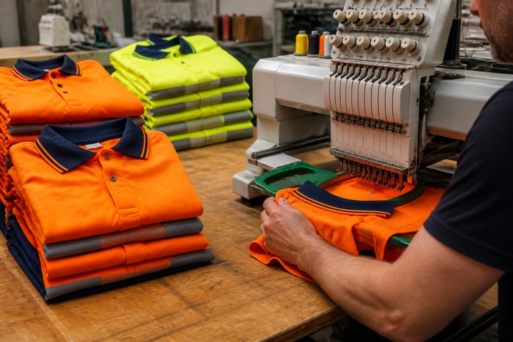 A close-up photograph of neatly folded high-visibility work shirts in orange and yellow stacked on a timber bench, with a worker's hands guiding a shirt under an embroidery machine in the foreground, warm workshop lighting