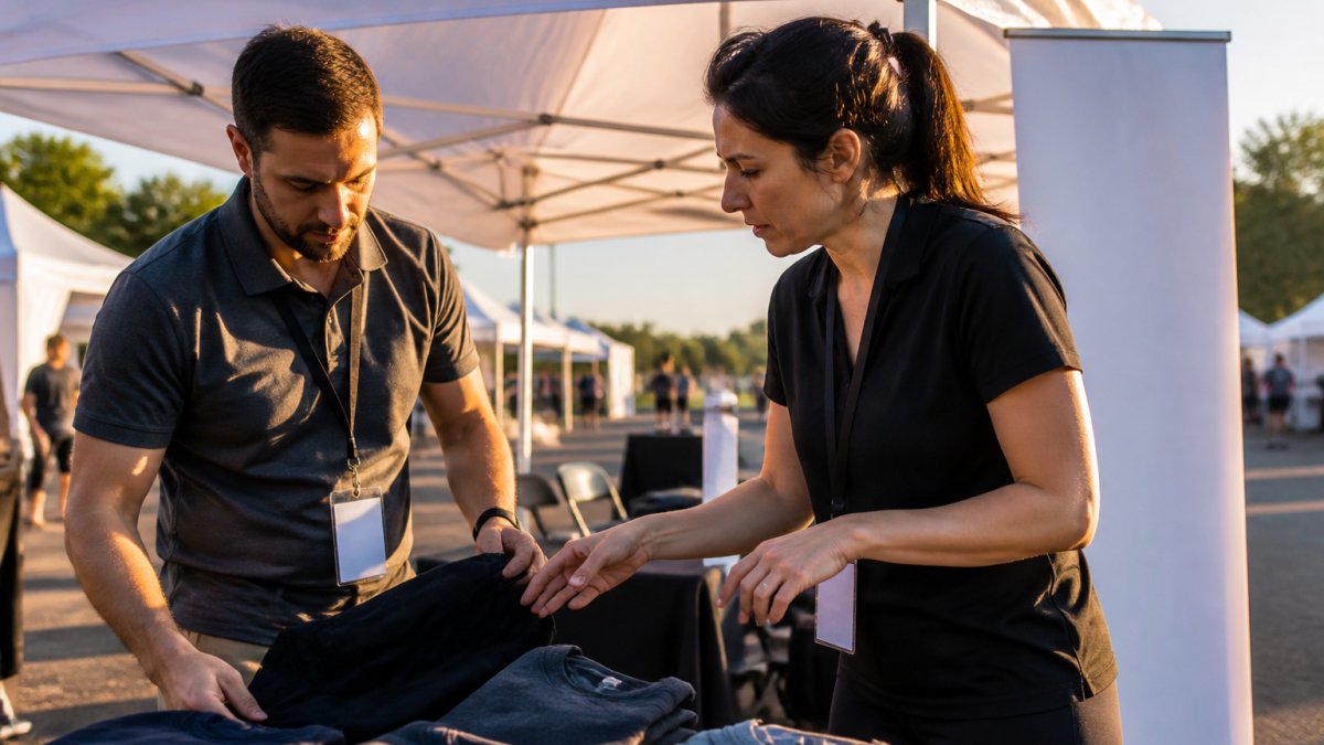 A small business owner and an event coordinator arranging a custom branded 10x10 tent canopy, a fabric banner stand, and folded staff apparel at an outdoor trade show booth in late afternoon light
