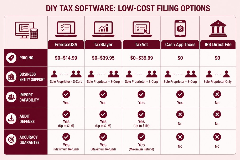Comparison matrix of FreeTaxUSA, TaxSlayer, TaxAct, Cash App Taxes, and IRS Direct File showing pricing (free to contact for quote), business entity support (sole proprietor to S-corp), and key features (import capability, audit defense, accuracy guarantee)