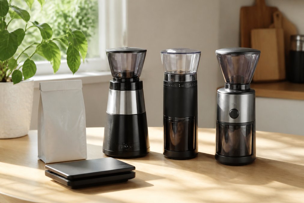 Three budget burr grinders on a kitchen counter near beans, a great alternative to expensive coffee grinders.