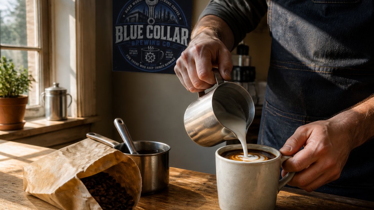 Worker pouring steamed milk into a dark coffee mug on a rustic wooden counter with coffee beans nearby