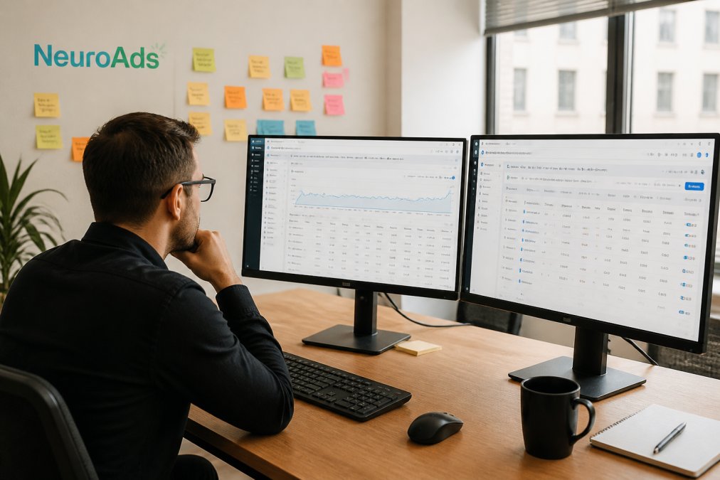Marketing manager analyzing data on dual monitors to streamline conversion optimization workflows