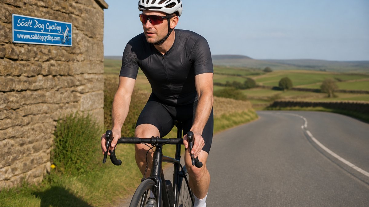 Cyclist riding on a quiet country road wearing a fitted athletic base layer and cycling shorts