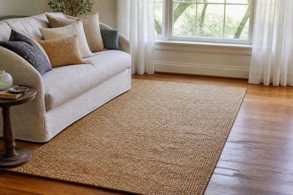 A cozy living room corner with a textured jute area rug layered over a hardwood floor, a neutral linen sofa with mixed throw pillows, a small wooden side table, and soft natural light from a large window