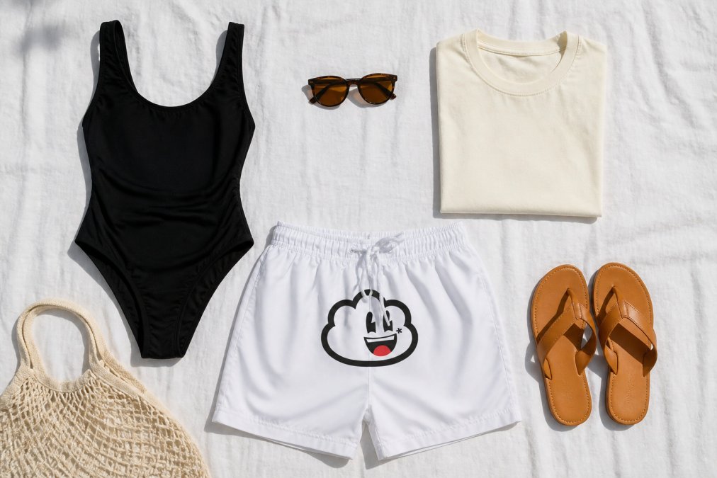 Flat-lay of a neatly arranged beach capsule wardrobe on a white linen surface: a black one-piece swimsuit, patterned board shorts, a graphic tee, wraparound sunglasses, and tan leather sandals arranged in a clean grid under bright natural light