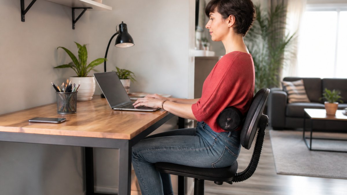 Professional demonstrating proper seated posture at desk with aligned shoulders, neutral spine, and correct monitor height in bright home office