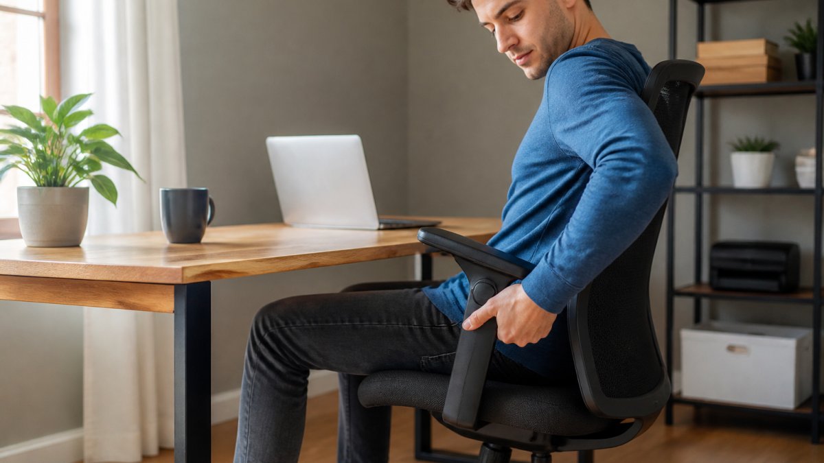 A young professional sitting in a black ergonomic office chair at a wooden desk, adjusting the flip-up armrest, with a laptop and coffee mug nearby in a bright home office