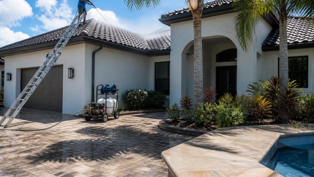 Professional technician performing soft wash roof cleaning on residential home exterior, demonstrating low-pressure equipment and safety protocols in bright natural sunlight
