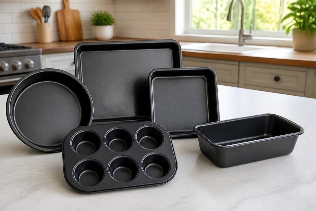 Stainless steel bakeware and cookware sets arranged on a clean kitchen counter with natural sunlight streaming through a window, showing the metallic finish and various pan sizes