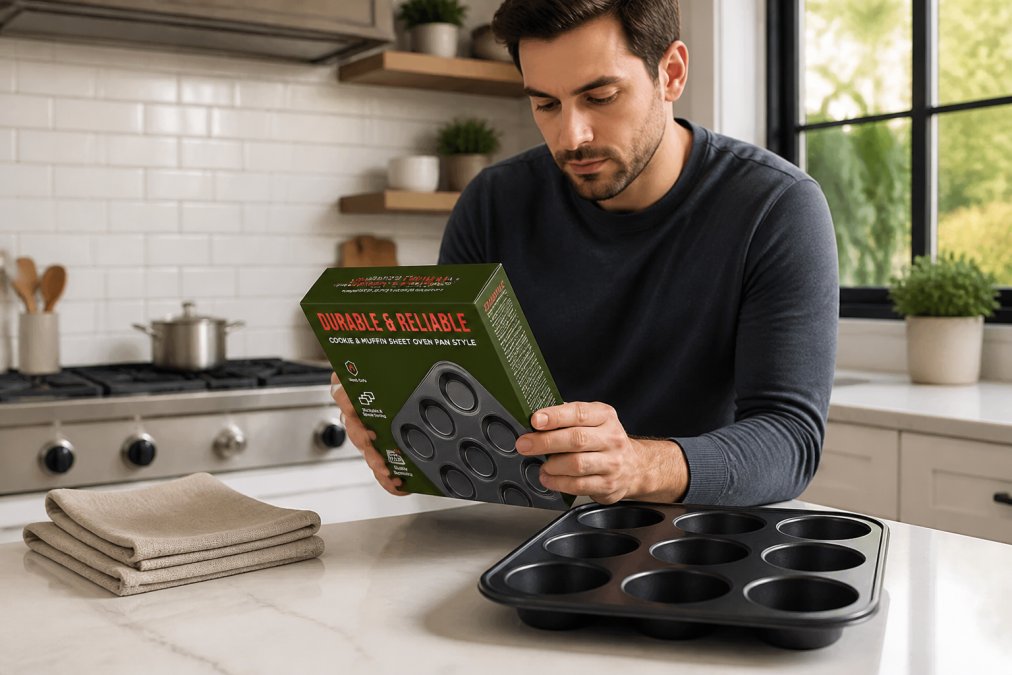 Person examining product packaging and specifications of stainless steel cookware in a bright, modern kitchen with natural light from windows, inspecting the material quality and construction details