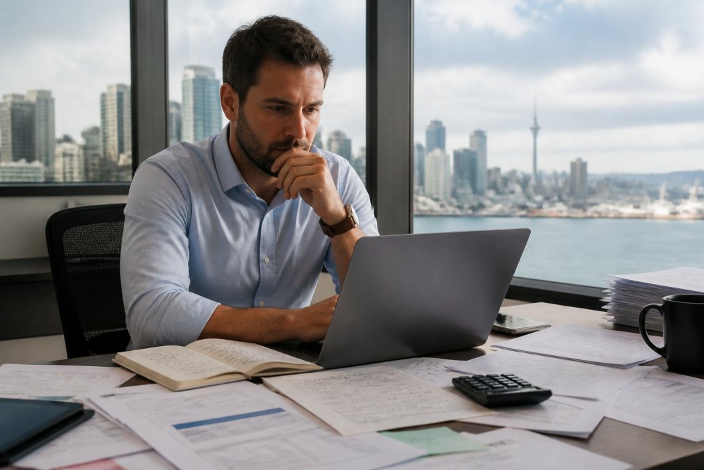 A business owner in a modern Auckland office staring thoughtfully at a laptop screen, with printed financial spreadsheets and handwritten budget notes scattered across the desk, soft afternoon light through the window