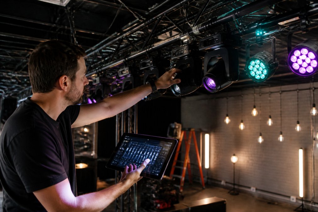 Professional lighting technician adjusting both smart light fixtures and traditional DMX equipment mounted on a stage rig, with a tablet displaying the unified control interface in the foreground