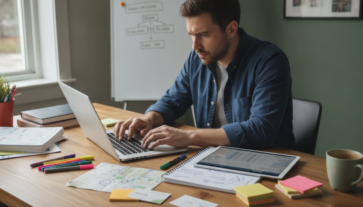 Freelancer working at ergonomic desk with multiple browser tabs open showing different local SEO tools dashboard, natural office lighting, focused on screen