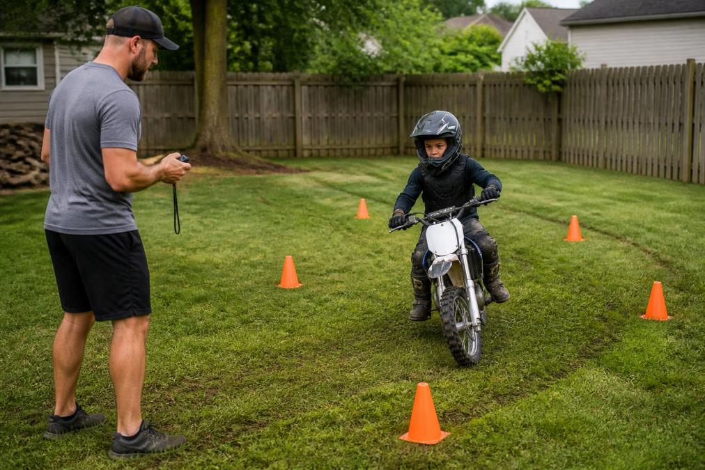 A young rider on a small dirt bike practicing figure-eights around orange cones in a grassy backyard, with a parent watching and holding a stopwatch