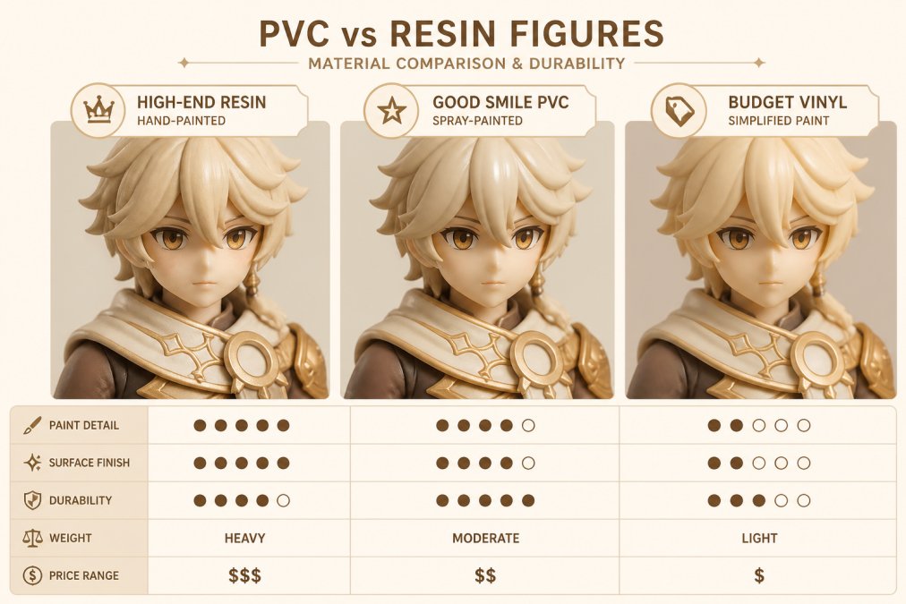Close-up comparison of three identical character figures side by side, one in high-end resin with hand-painted details showing subtle brush texture, one in Good Smile PVC with uniform spray-applied paint and slight plastic sheen, one in budget vinyl with simplified paint application, photographed under consistent studio lighting to show finish differences
