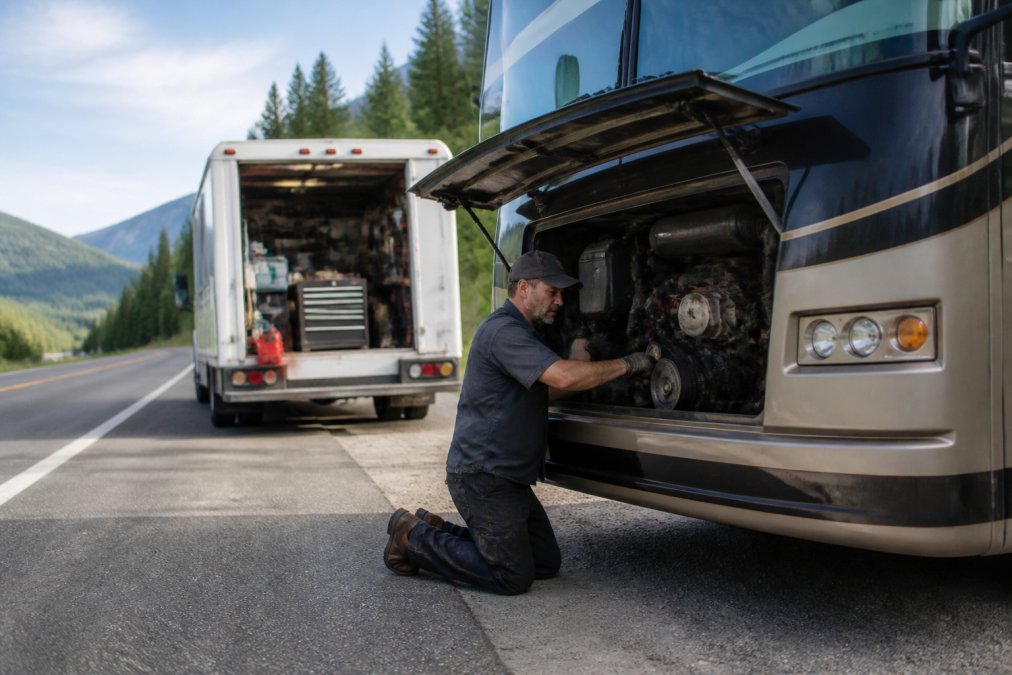 Mobile diesel mechanic diagnosing an RV engine on the highway during RV towing service
