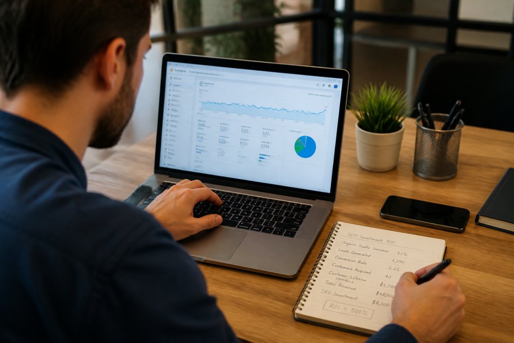 A business owner reviewing organic traffic metrics on a laptop screen with a notepad showing ROI calculations nearby, natural office lighting