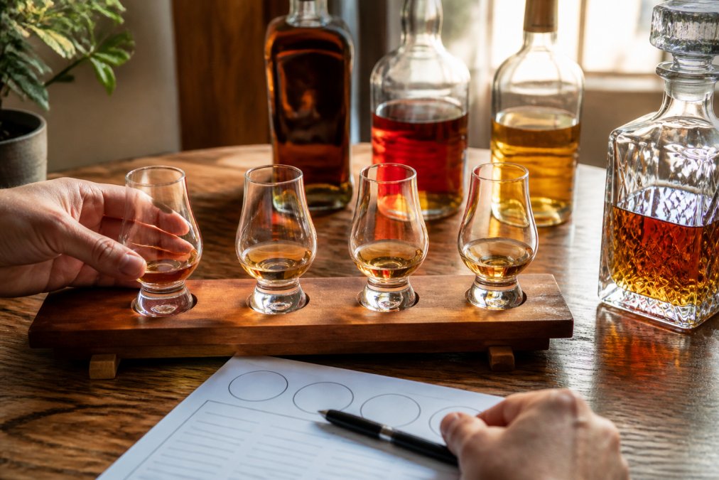 Wooden flight board with four small nosing glasses filled with whiskeys at varying amber hues, tasting mat visible with pen, hands reaching to sample, natural window lighting
