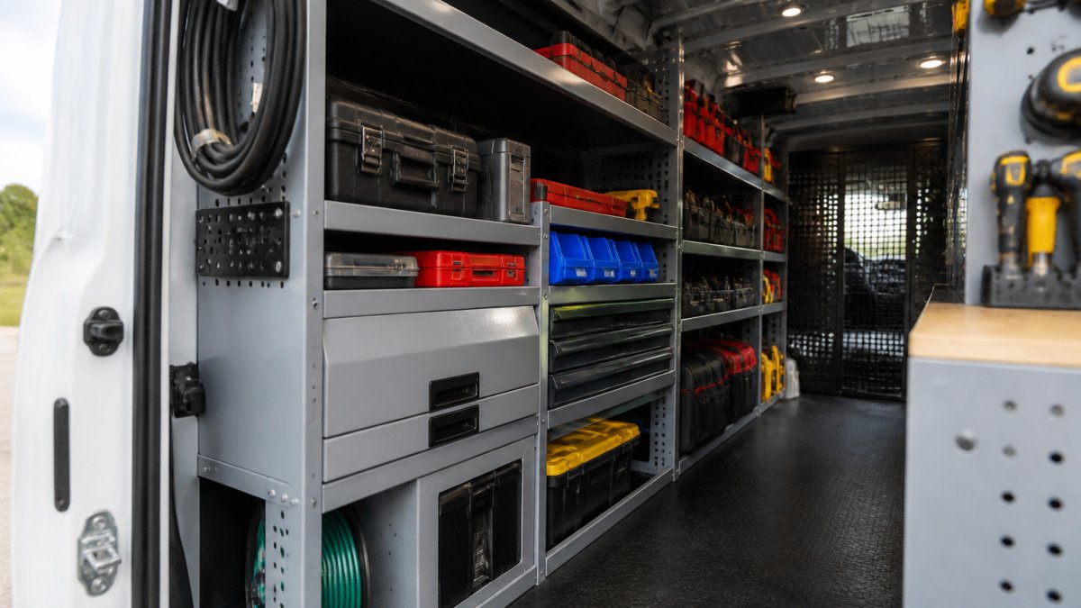 Interior of a work truck with organized metal shelving units, drawers, and tool storage systems neatly arranged, showing equipment secured and accessible for daily operations