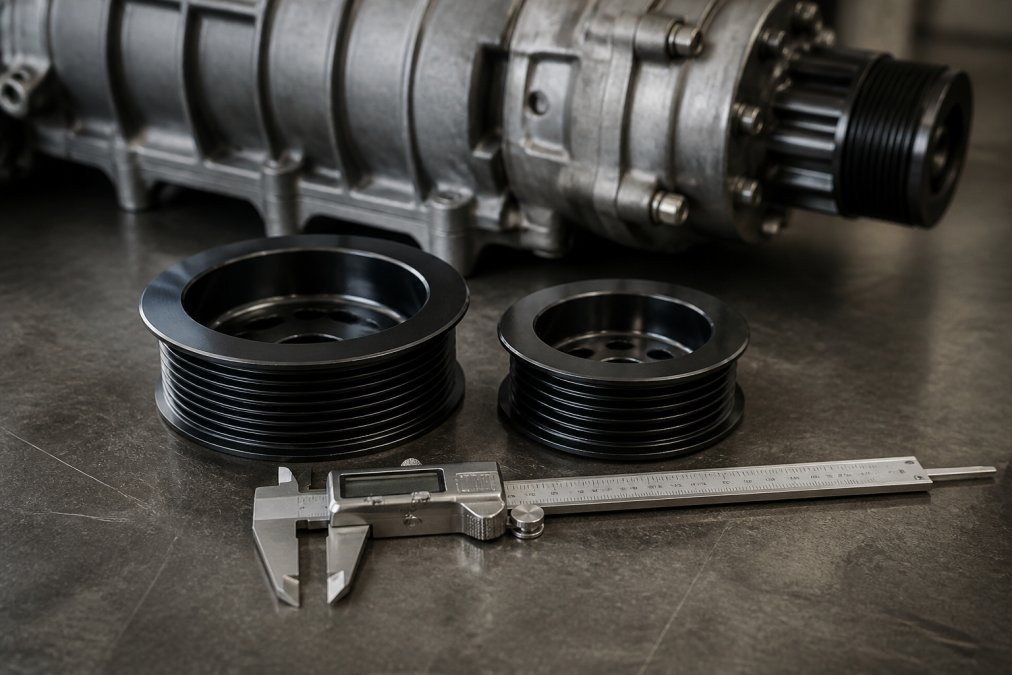 Close-up of two supercharger pulleys of different diameters sitting side by side on a workbench next to a digital caliper, with a supercharger unit partially visible in the background
