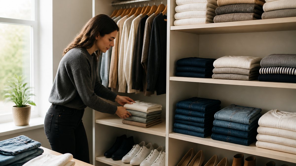 Woman organizing a minimalist closet with neatly folded neutral clothing and shoes in natural daylight.
