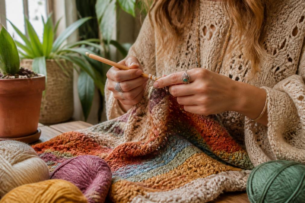 Hands crocheting a colorful sweater in boho style with wooden hooks in a cozy, plant-filled studio workspace.